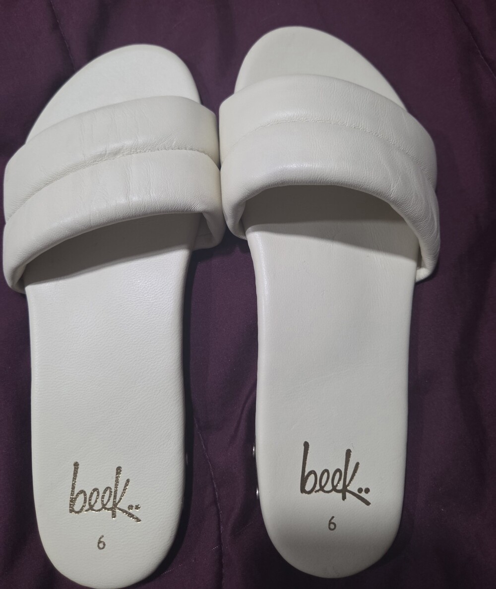 Beek Puffbird Cream Beige Tan Leather Slides Slide Sandals Size 10 EUC $230